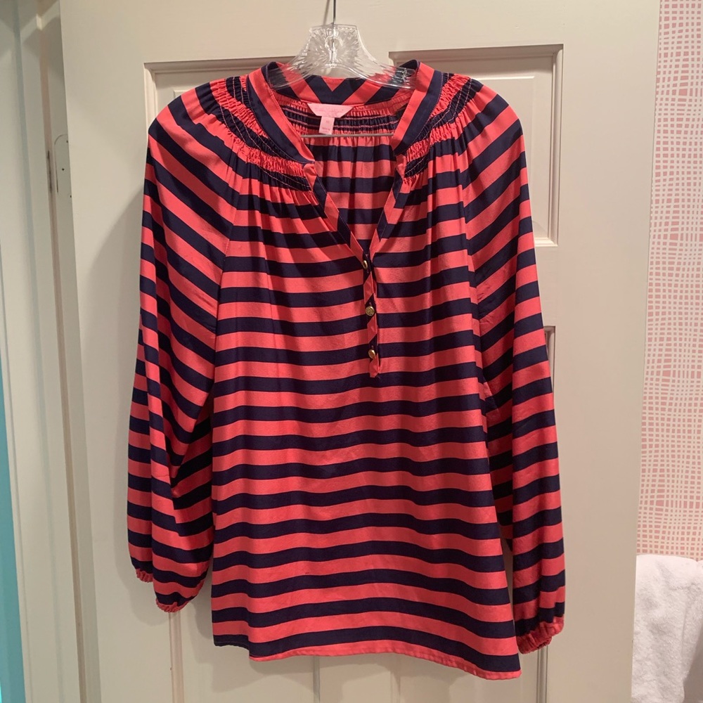 Lilly Pulitzer long sleeve coral&navy silk blouse